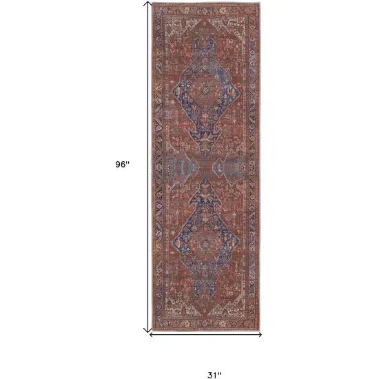 8' Red Tan And Blue Floral Power Loom Runner Rug Photo 7