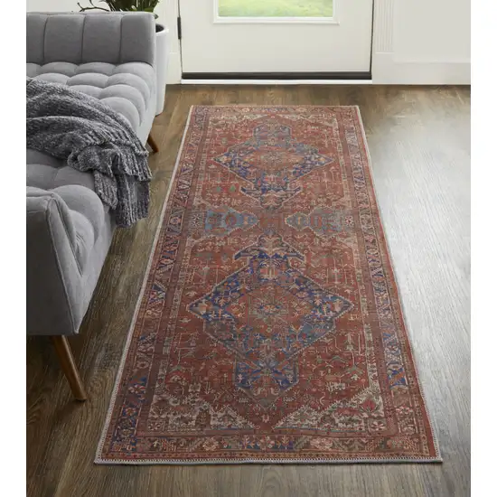 8' Red Tan And Blue Floral Power Loom Runner Rug Photo 5