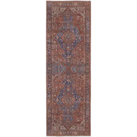 8' Red Tan And Blue Floral Power Loom Runner Rug Photo 1