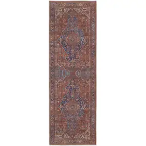 Photo of 8' Red Tan And Blue Floral Power Loom Runner Rug