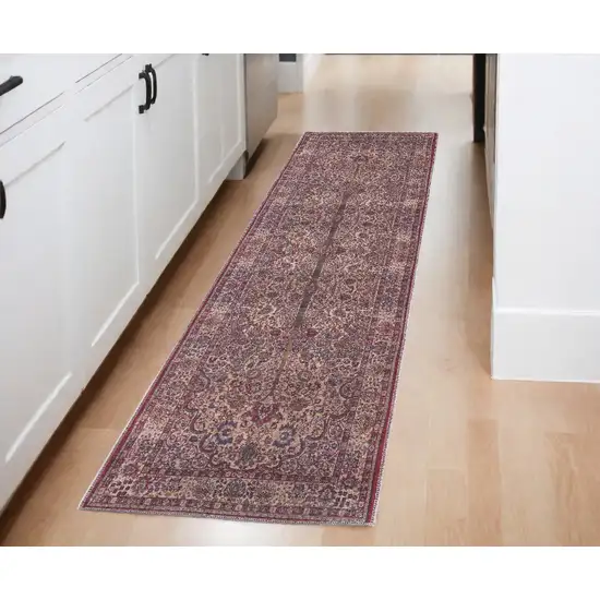 8' Red Tan And Pink Floral Power Loom Runner Rug Photo 1