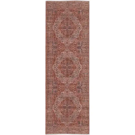 8' Red Tan And Pink Floral Power Loom Runner Rug Photo 1