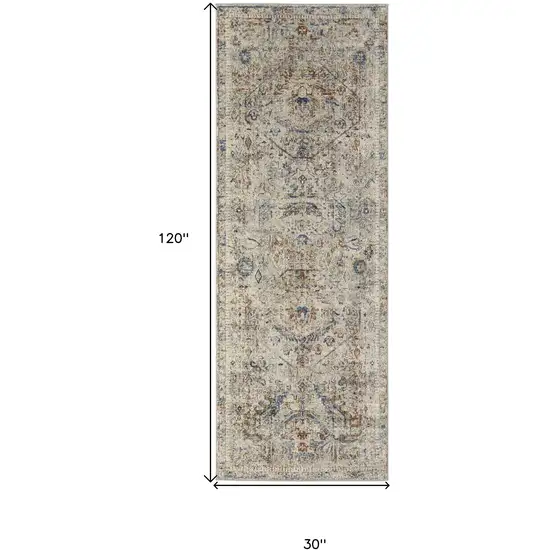 10' Red Tan and Blue Oriental Power Loom Worn Faded Runner Rug With Fringe Photo 3