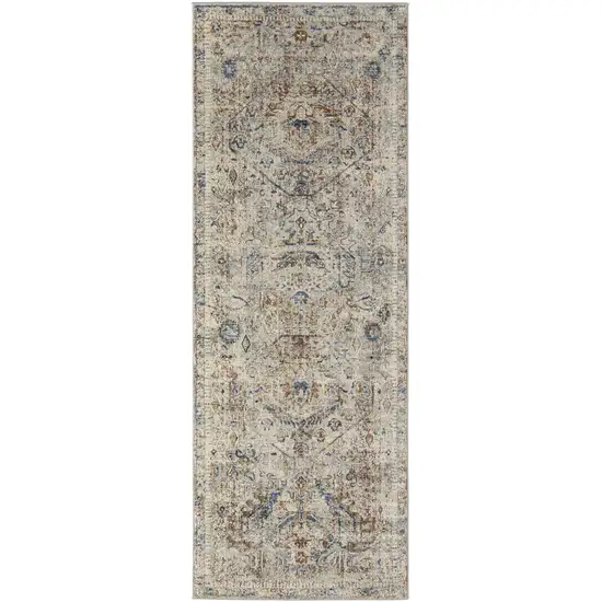 10' Red Tan and Blue Oriental Power Loom Worn Faded Runner Rug With Fringe Photo 2