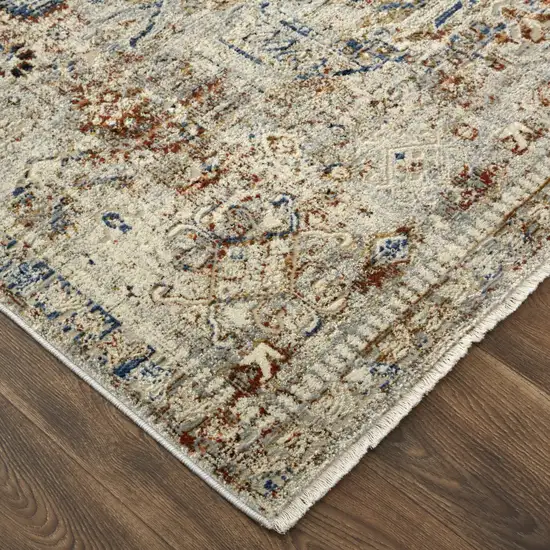 10' Red Tan and Blue Oriental Power Loom Worn Faded Runner Rug With Fringe Photo 5