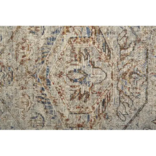 10' Red Tan and Blue Oriental Power Loom Worn Faded Runner Rug With Fringe Photo 7