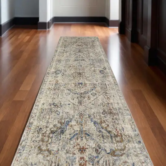 10' Red Tan and Blue Oriental Power Loom Worn Faded Runner Rug With Fringe Photo 1