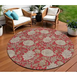 Photo of 8' Red Taupe And Beige Round Floral Washable Indoor Outdoor Area Rug