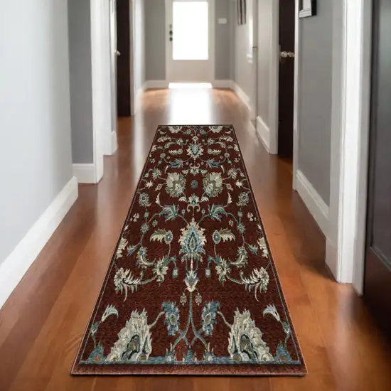 8' Red Teal And Green Oriental Runner Rug With Fringe Photo 1