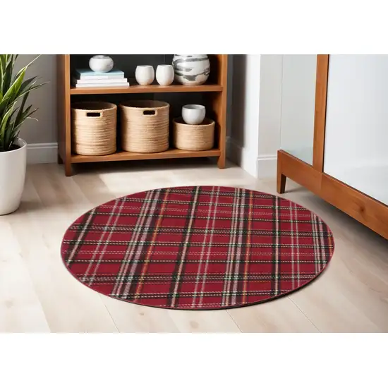 5' Red and Black Round Plaid Power Loom Area Rug Photo 1