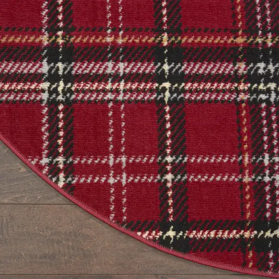 5' Red and Black Round Plaid Power Loom Area Rug Photo 8