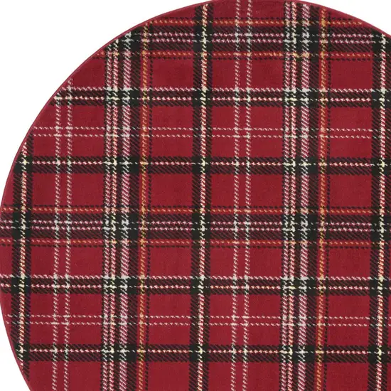 5' Red and Black Round Plaid Power Loom Area Rug Photo 7