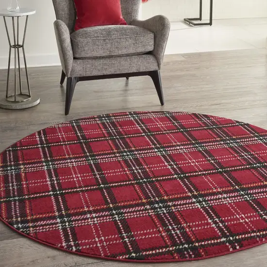 5' Red and Black Round Plaid Power Loom Area Rug Photo 9