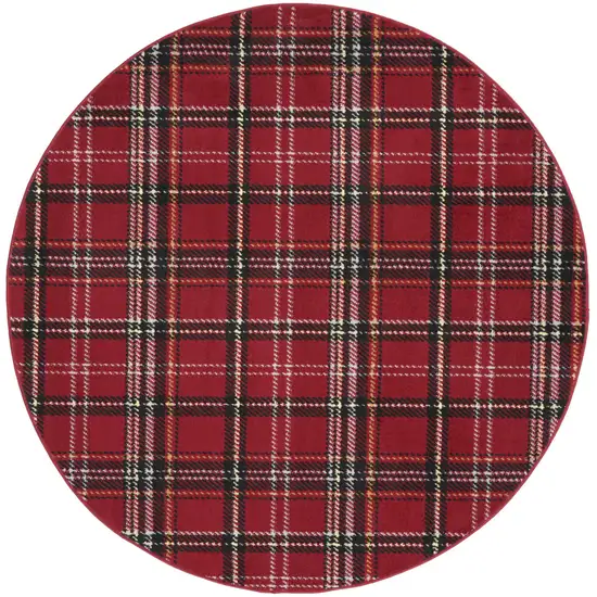 5' Red and Black Round Plaid Power Loom Area Rug Photo 2