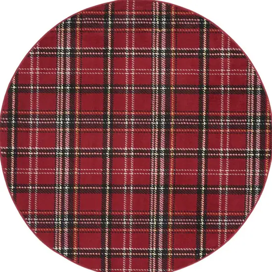 5' Red and Black Round Plaid Power Loom Area Rug Photo 4