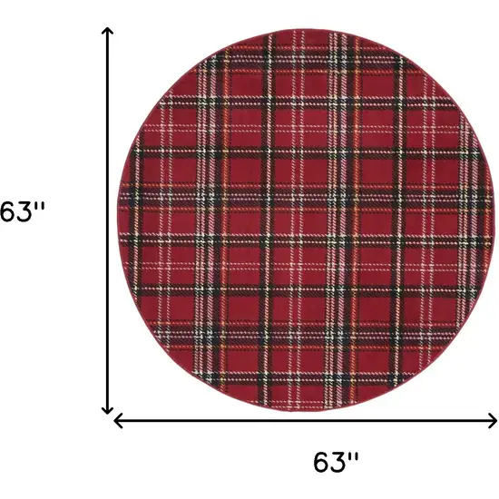 5' Red and Black Round Plaid Power Loom Area Rug Photo 3