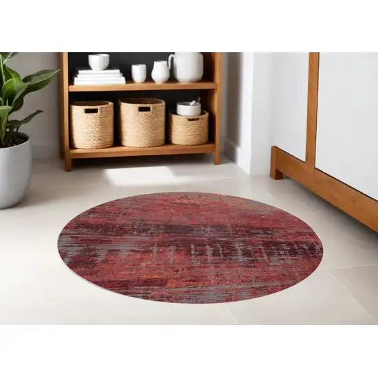 5' Red and Gray Round Abstract Non Skid Area Rug Photo 1