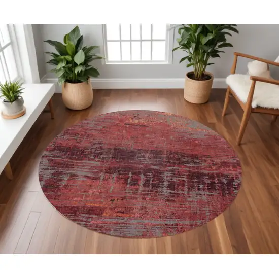 8' Red and Gray Round Abstract Non Skid Area Rug Photo 1