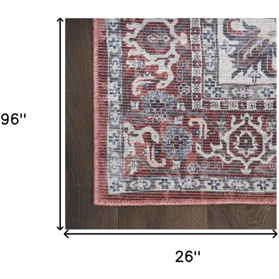 8' Red and Ivory Floral Power Loom Distressed Washable Runner Rug Photo 8