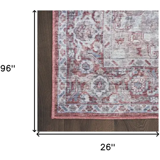 8' Red and Ivory Floral Power Loom Distressed Washable Runner Rug Photo 7