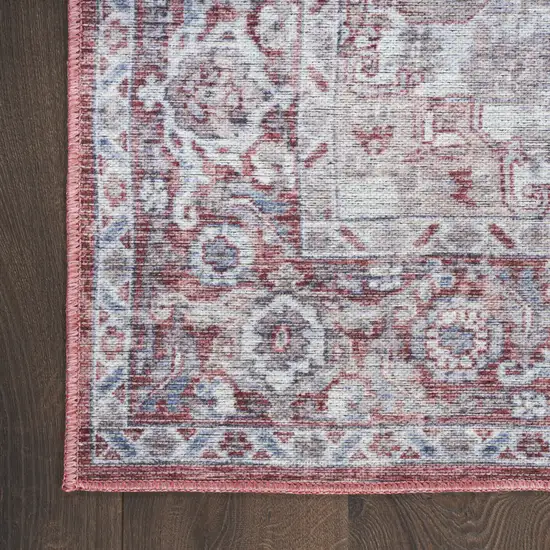 8' Red and Ivory Floral Power Loom Distressed Washable Runner Rug Photo 1