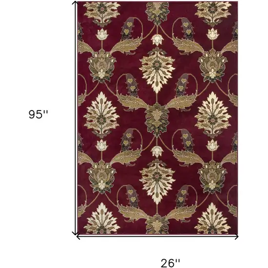 8' Red and Ivory Floral Runner Rug Photo 3