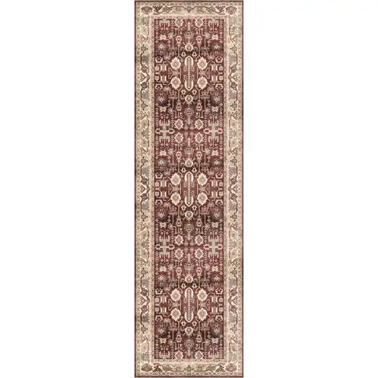 8' Red and Ivory Oriental Distressed Non Skid Runner Rug Photo 2