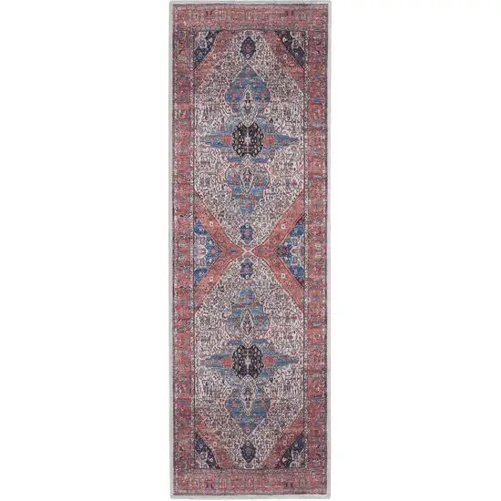 6' Red and Ivory Oriental Power Loom Distressed Washable Non Skid Runner Rug Photo 1