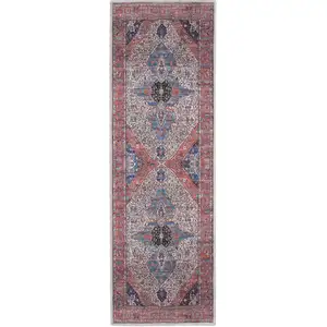 Photo of 6' Red and Ivory Oriental Power Loom Distressed Washable Non Skid Runner Rug