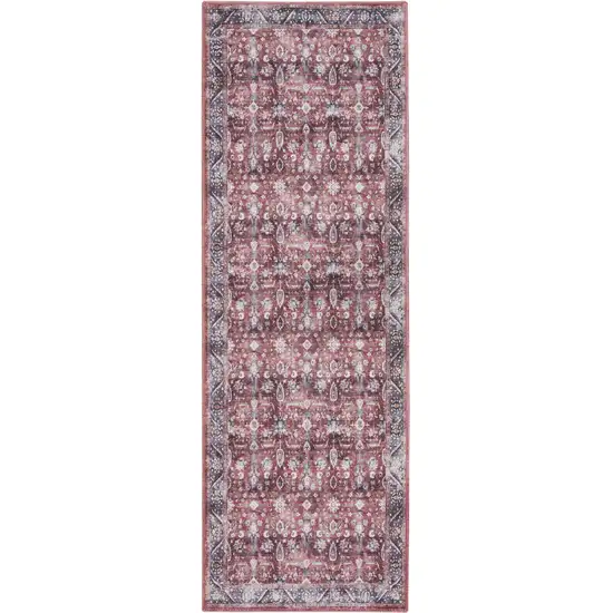 6' Red and Ivory Oriental Power Loom Distressed Washable Non Skid Runner Rug Photo 1