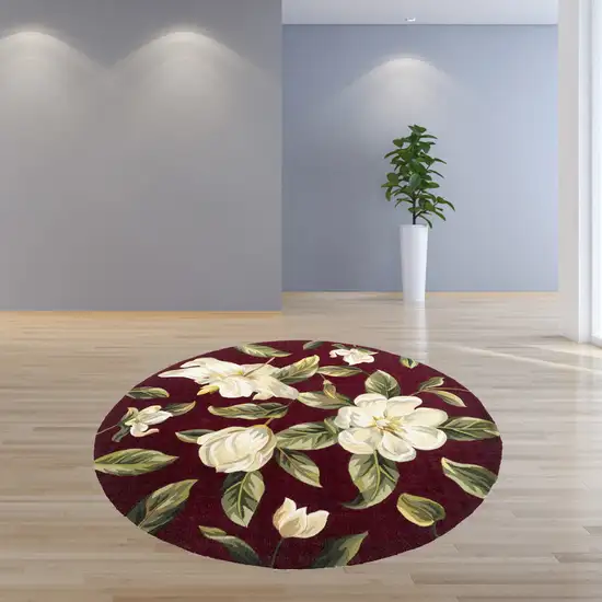 6' Red and Ivory Round Wool Floral Hand Tufted Area Rug Photo 3