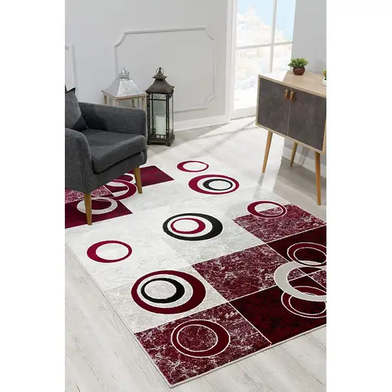 8' Red and White Geometric Power Loom Runner Rug Photo 7