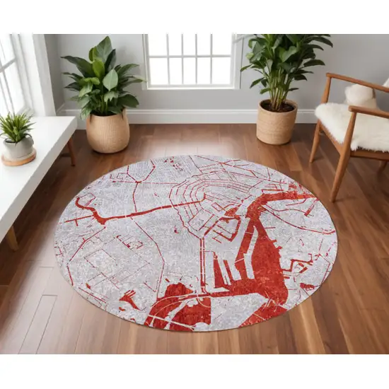 8' Red and White Round Abstract Non Skid Area Rug Photo 1