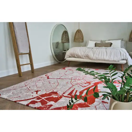 8' Red and White Round Abstract Non Skid Area Rug Photo 9