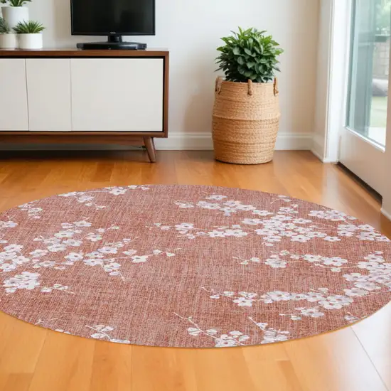 8' Red and White Round Oriental Non Skid Area Rug Photo 1