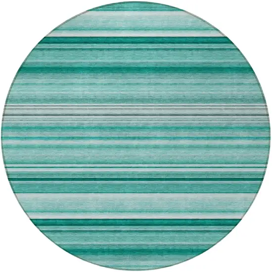 8' Round Aqua Round Striped Washable Non Skid Indoor Outdoor Area Rug Photo 3