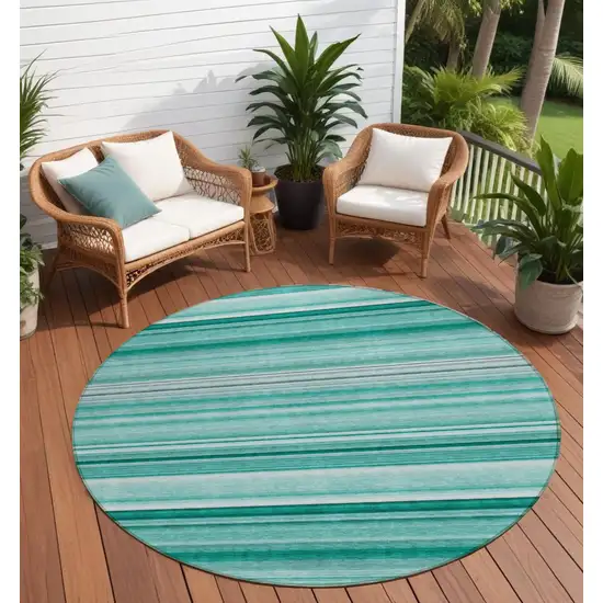 Aqua Round Striped Washable Indoor Outdoor Area Rug Photo 1