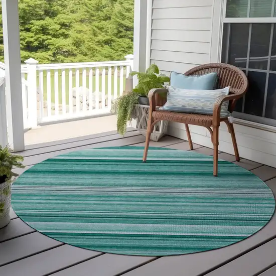 Aqua Round Striped Washable Indoor Outdoor Area Rug Photo 7