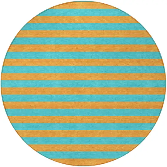 8' Round Aqua Round Striped Washable Non Skid Indoor Outdoor Area Rug Photo 4