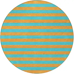 Photo of 8' Round Aqua Round Striped Washable Non Skid Indoor Outdoor Area Rug