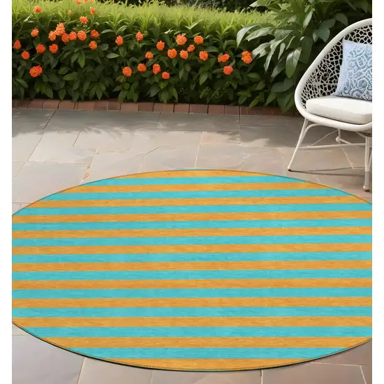 8' Round Aqua Round Striped Washable Non Skid Indoor Outdoor Area Rug Photo 1