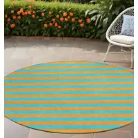 Photo of 8' Round Aqua Round Striped Washable Non Skid Indoor Outdoor Area Rug