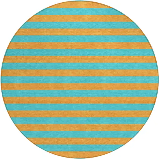 8' Round Aqua Round Striped Washable Non Skid Indoor Outdoor Area Rug Photo 2