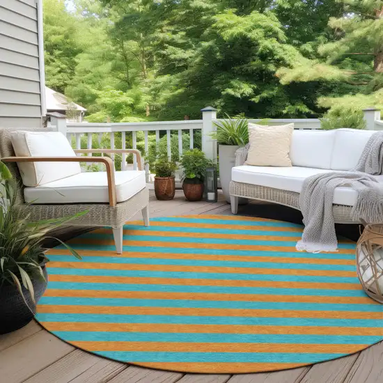 8' Round Aqua Round Striped Washable Non Skid Indoor Outdoor Area Rug Photo 8