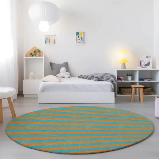 8' Round Aqua Round Striped Washable Non Skid Indoor Outdoor Area Rug Photo 9