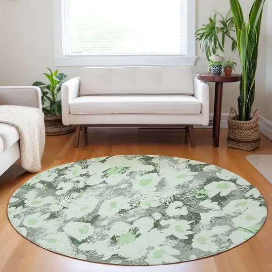 8' Round Artichoke Green Round Floral Washable Non Skid Indoor Outdoor Area Rug Photo 9