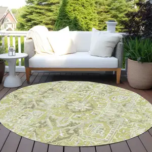 Photo of 8' Round Artichoke Green Round Oriental Washable Non Skid Indoor Outdoor Area Rug