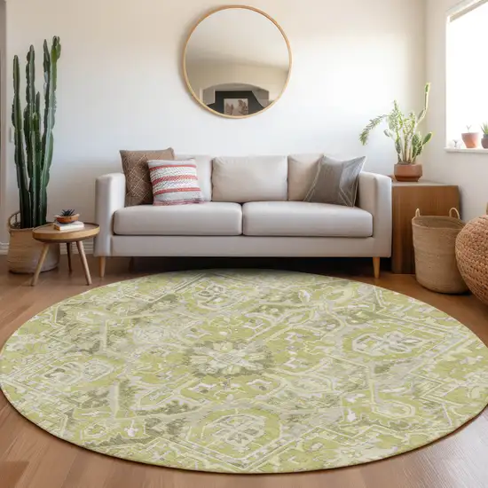 8' Round Artichoke Green Round Oriental Washable Non Skid Indoor Outdoor Area Rug Photo 6