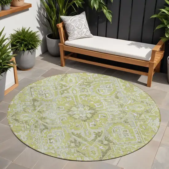 8' Round Artichoke Green Round Oriental Washable Non Skid Indoor Outdoor Area Rug Photo 1