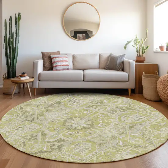 Artichoke Green Round Oriental Washable Non Skid Indoor Outdoor Area Rug Photo 8